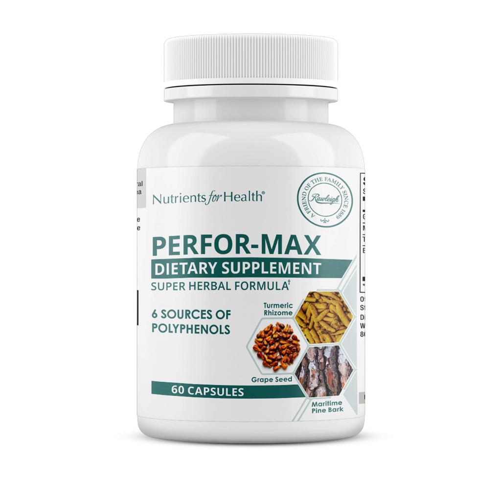 Rawleigh Perfor-Max 60 Capsules: Kruidensupplement met 6 bronnen van polyfenolen zoals druivenzaad, pijnboomschors, kurkuma, groene thee, Hawthorn & Rosemary Extracten voor de gezondheid van het hart en immuniteit, glutenvrij