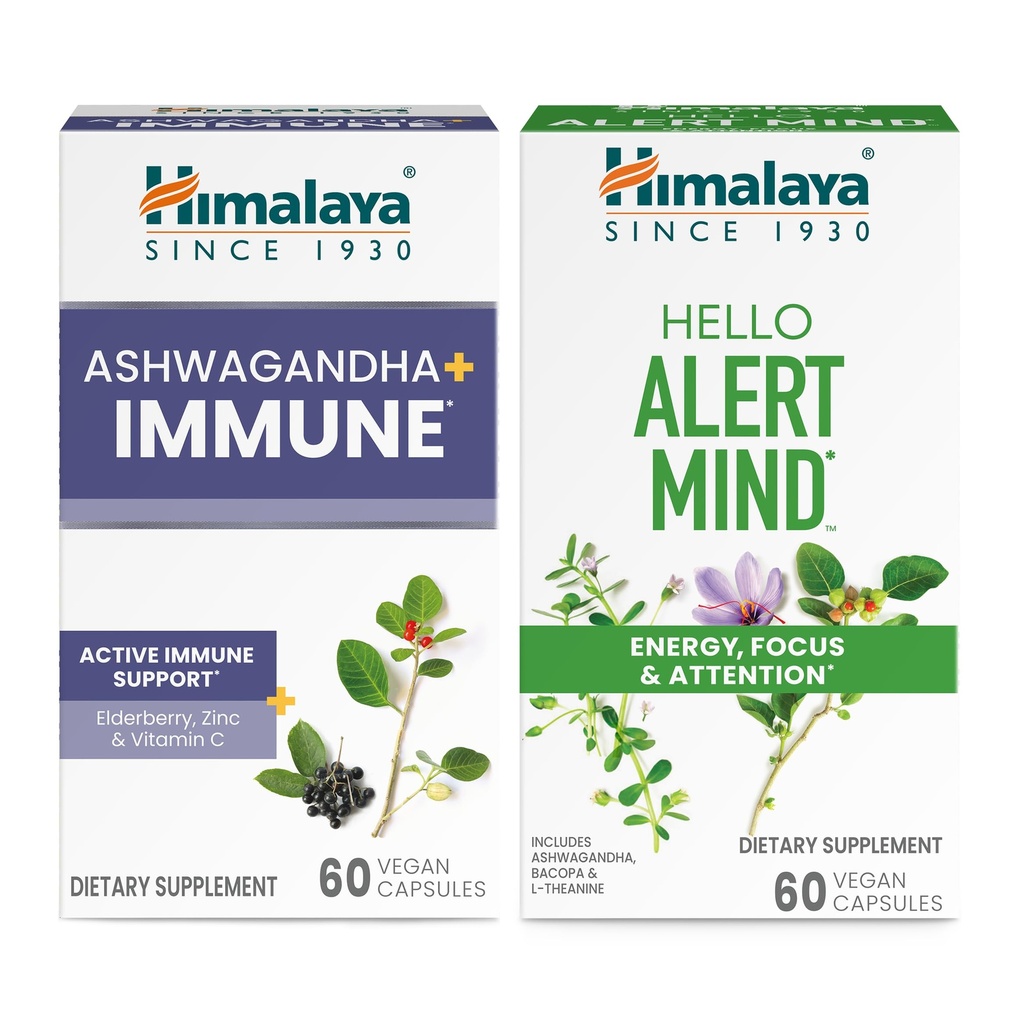 Himalaya Ashwagandha + Immune met vitamine C voor actieve immuunondersteuning & Hello Alert Mind for Energy, Focus & Attentie, 60 capsules Elke - bundel