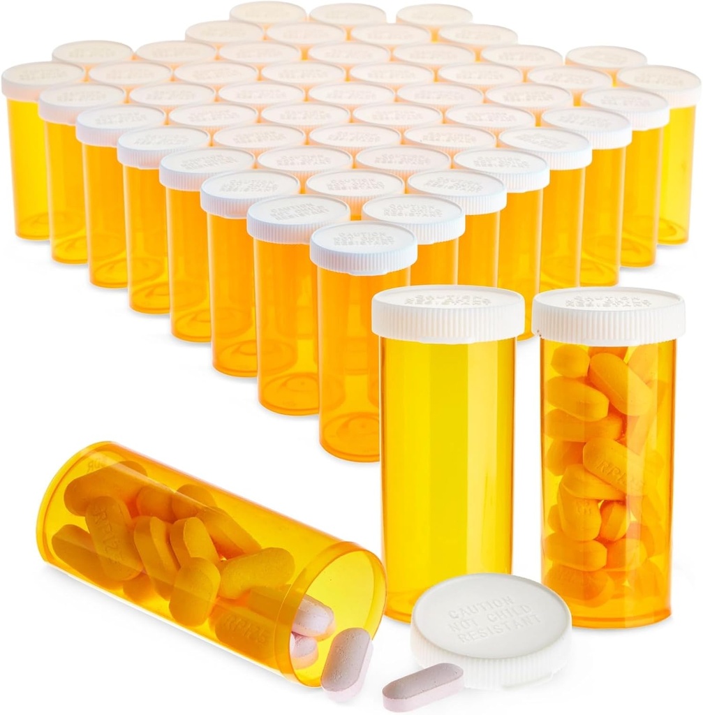 Juvale pil flessen met caps - 50 Pack, 8 Dram, Orange Plastic - Lege pil flessen & flacons voor reizen en medische partij decoraties