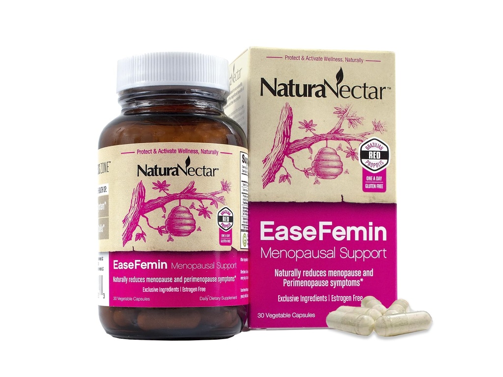 NaturaNectar - EaseFemin Menopausal Support Supplements for Women - Estrogen-Free Red Bee Propolis Capsules for Hot Flashes & Night Sweats - Natural and with Proprietary Calming Herbal Blend (30st.)