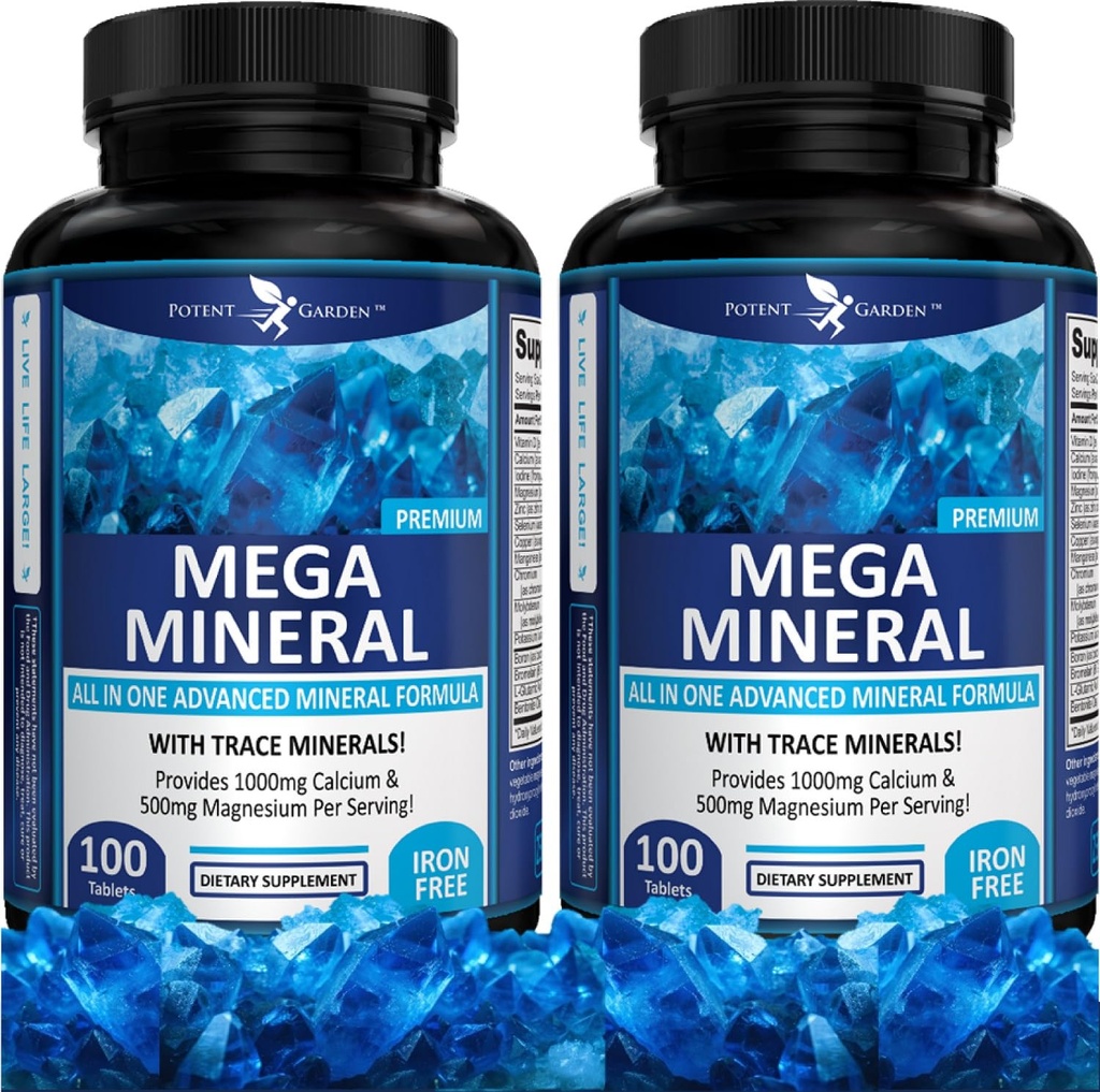 Potent Garden 2-Pack Mega Mineral Supplement Complete Mineral Complex with Calcium Magnesium Zink Kalium Boron Selenium Chromium & 72 Trace Minerals Iron Free Calcium Supplement -200 Pillen