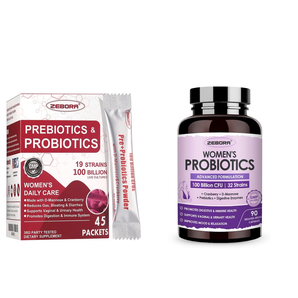 ZEBORA Probiotiques-pour-femmes 100-Billions-FCU avec prébiotiques, D-Mannose et canneberge pour Digestive, Immune, Feminine UT Health Support, Ultimate Probiotic Women's Care, Soy & Gluten Free, 45 packets