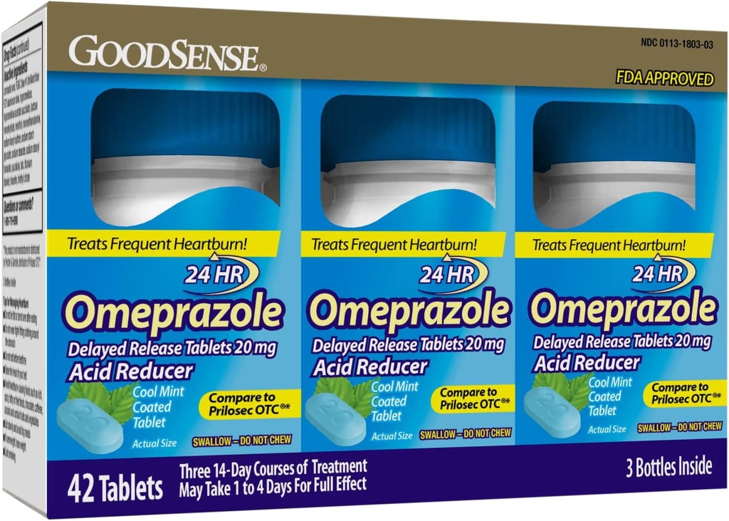 BonSense Omeprazole Retard de libération Comprimés enduits 20 mg, Menthe froide, traite les brûlures d'estomac fréquentes, Réducteur d'acide, Médecine des brûlures d'estomac, 42 Compte