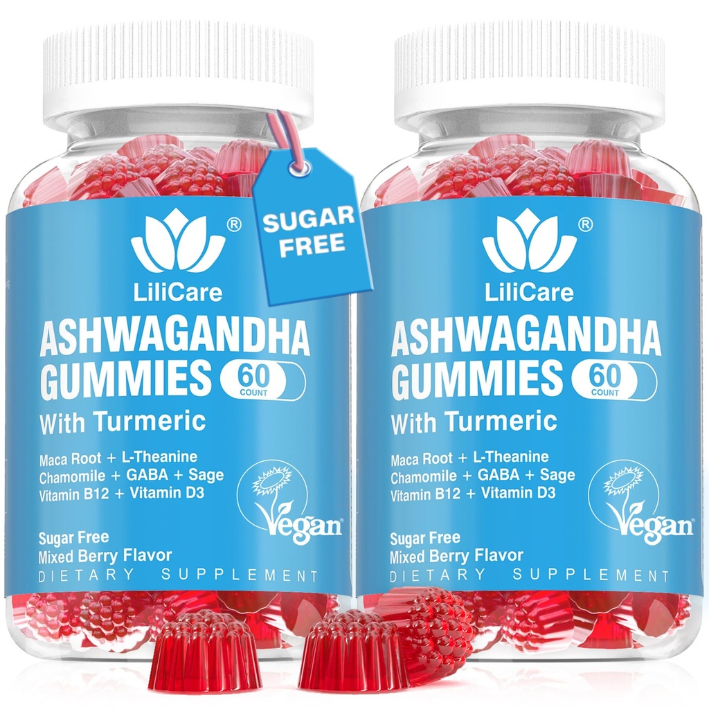 Ashwagandha Gummies 2000mg pour les femmes hommes - sans sucre, végétalien - suppléments organiques d'extrait de racine Ashwagandha Gummy & Vitamine D3, B12 et curcuma, promouvoir la détente, mélange d'arôme de baie, 120 comte