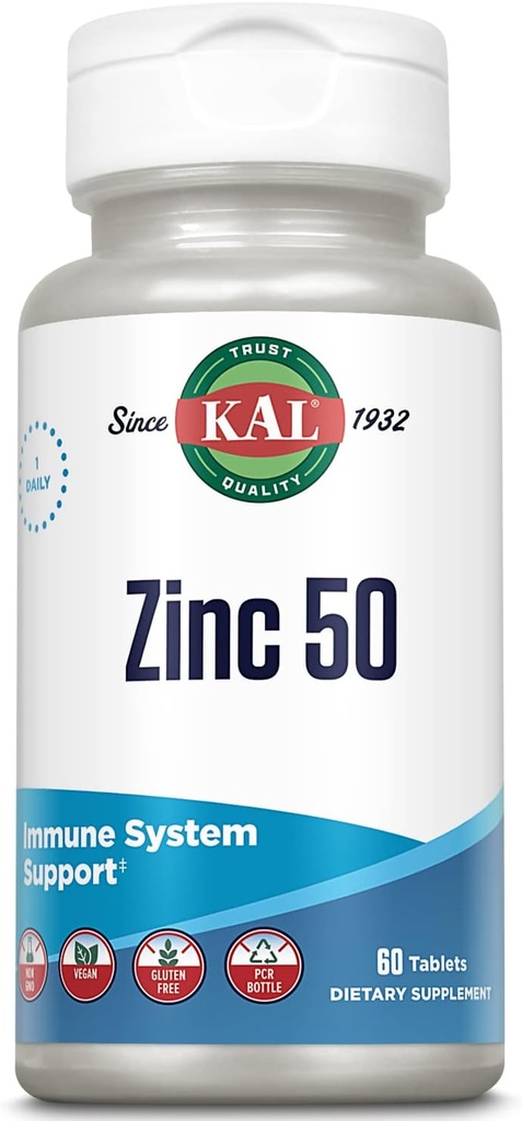 KAL Zink 50 mg Hydroxyzuurcomplex, gezond metabolisme en immuunondersteuningssupplement met zinkorotaat, zinkcitraat, verbeterde absorptie w/ActiSorb, veganistisch, glutenvrij, non-GMO, 60 Serv, 60 tabletten