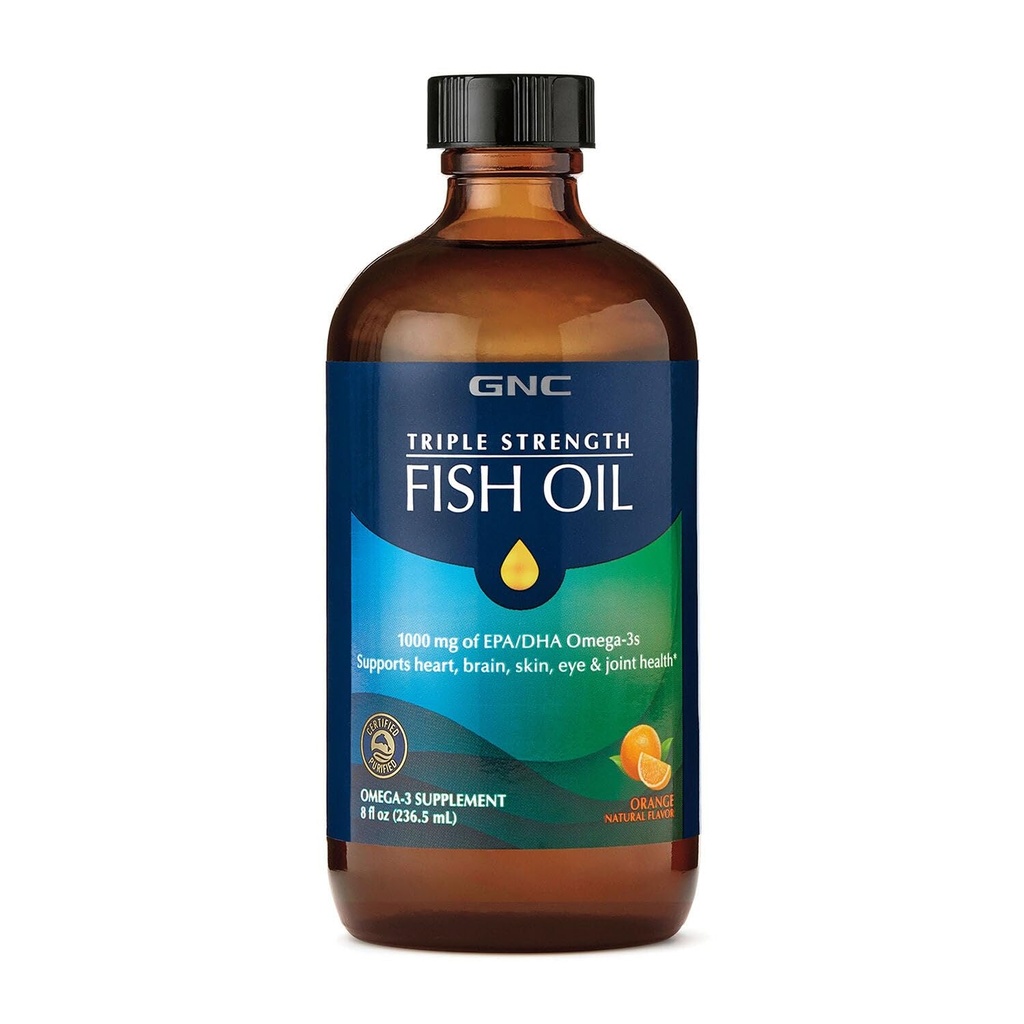 GNC Triple Strength Fish Oil Liquid Supplement, Wild Deep Ocean Caught. met 1000mg EPA DHA Omega 3s, voor, hart, hersenen, huid, oog, gezamenlijke gezondheid, natuurlijke sinaasappelsmaak, 8 Fl Oz, 47 Servers