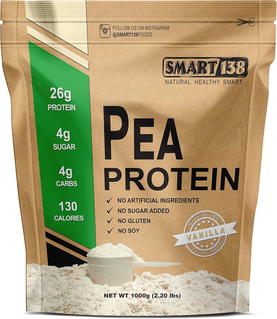 Smart138 Vanilla Pea Protein, Ultra-Fine Powder, Vegan, Gluten-Free, Soy-Free, Dairy-Free, Non-GMO, VS/Canada, Keto (Low Carb), Natural BCAAs (1000g / 2.2lbs, Vanilla)