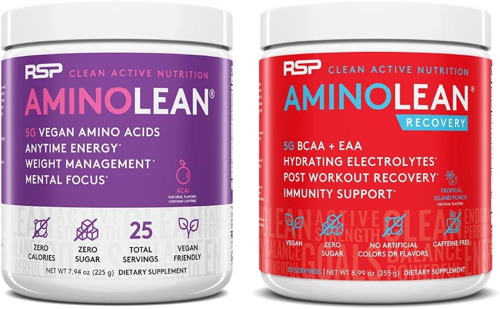 RSP NUTRITION Vegan AminoLean Pre Workout Energy (Acai 25 Servings) met AminoLean Recovery Post Workout Boost (Tropical Island Punch 30 Servers)