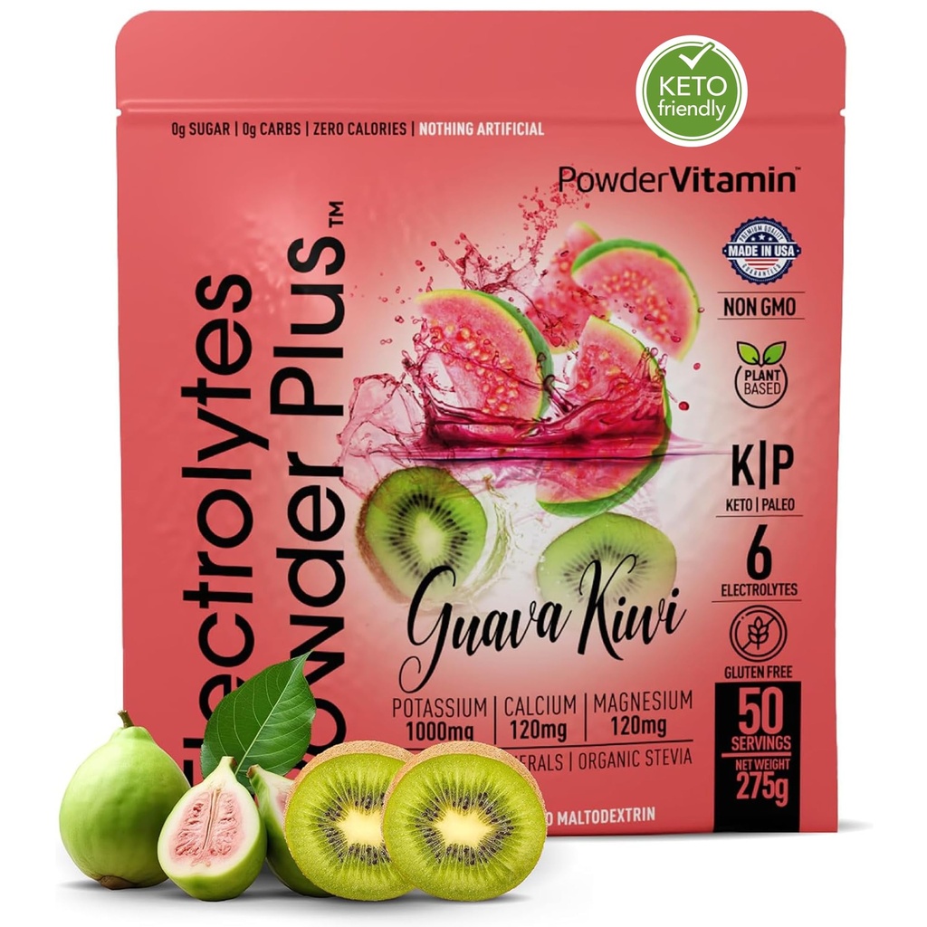 PoederVitamine Elektrolyten Poeder Plus (50 porties) Guava Kiwi Electrolyte Poeder Zero Calorie Keto, 0 Suiker, Geen Maltodextrine,1000mg Kalium,120mg Calcium,120mg Magnesium, Hydratatie Powde