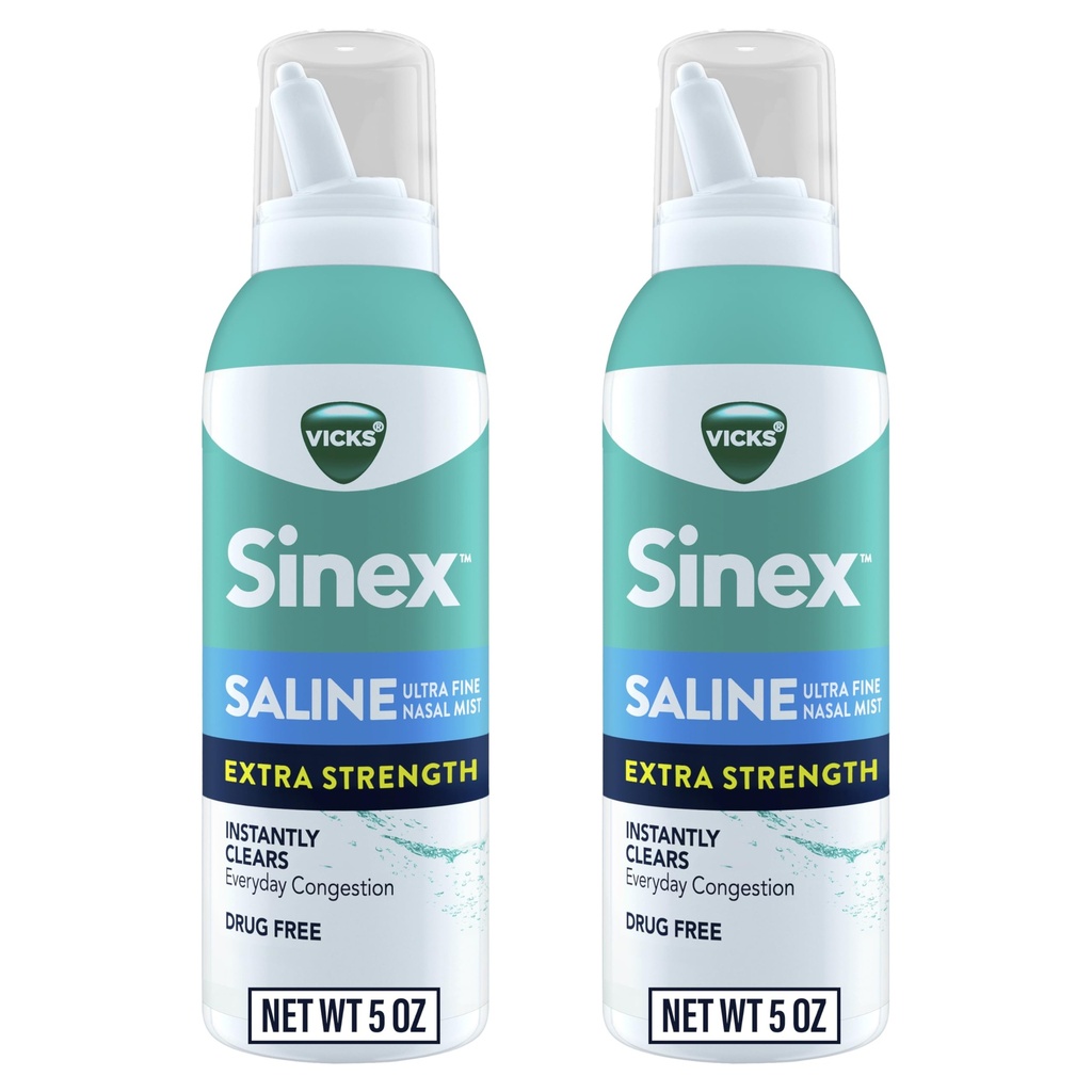 VICKS Sinex Saline Extra Strength Nasal Spray, 3X Concentrated* Drug Gratis Ultra Fine Mist, onmiddellijk Wist Slijm, Ultra Geconcentreerd om de spijsvertering te wissen snel, veilig voor dagelijks gebruik, 5 OZ x 2