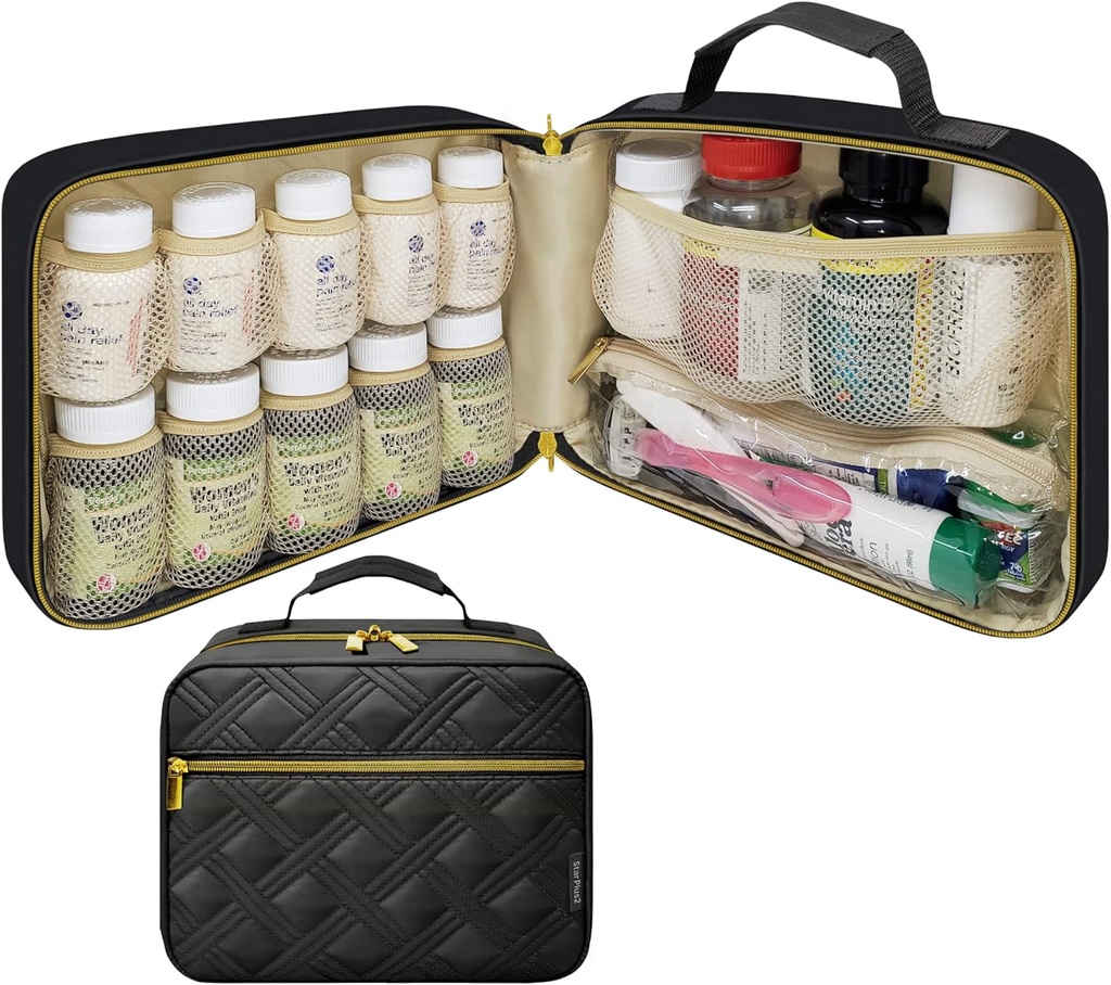 Grand organisateur de bouteilles de pilules, sac de médecine, étui, transporteur pour les médicaments, les vitamines et les fournitures médicales - organisateur de médicaments de voyage et entreposage à domicile sac de médecine - noir (sans serrure)