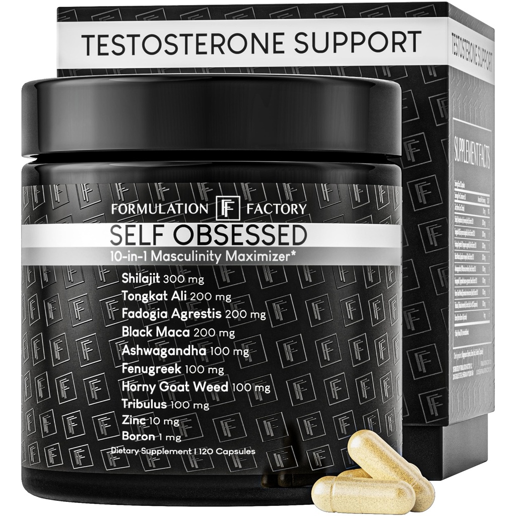 Formulatie Factory Zelf geobsedeerd 10 in 1 Mannelijkheid Maximizer Supplement, Shilajit voor mannen, Tongkat Ali, Ashwaganda, Fenegriek Spiergroei, Energie, Drive, Kracht, Herstel 2 Maand (pakket van 1)
