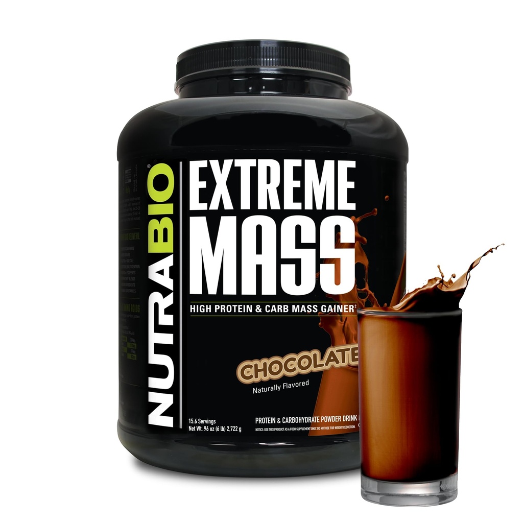 NutraBio Extreme Mass Gainer Proteïne Poeder, 53G Proteïne, Clean Weight Gainer, Verhoog Spiermassa, Volledig Spectrum Aminozuur - Chocolade, 6 Pond