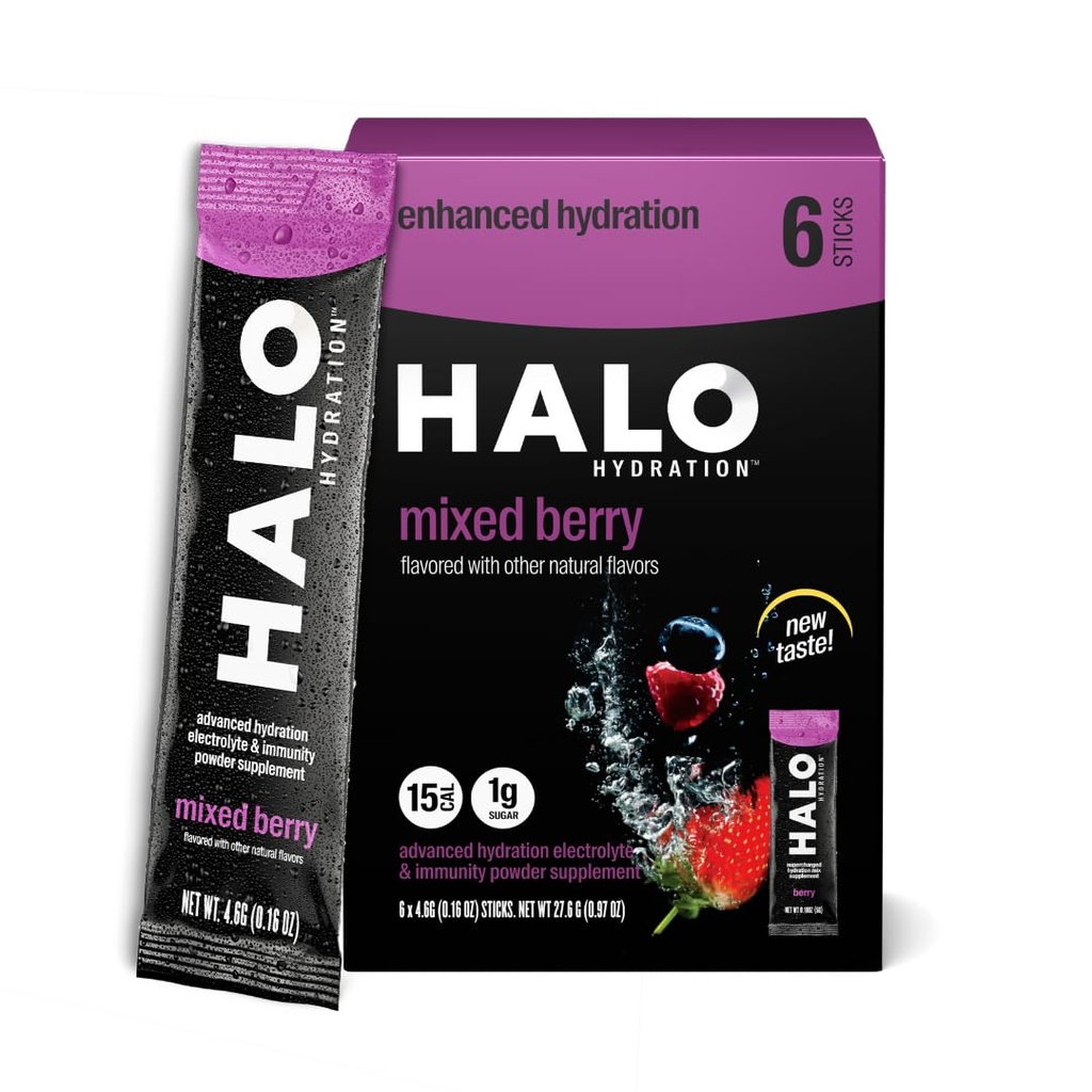 HALO Hydratation - Mélange de boissons électrolytes Installer les paquets de poudres Installer les baies – Pour le sport et le cyclisme Installer facilement le bâton de service unique 6 bâtons