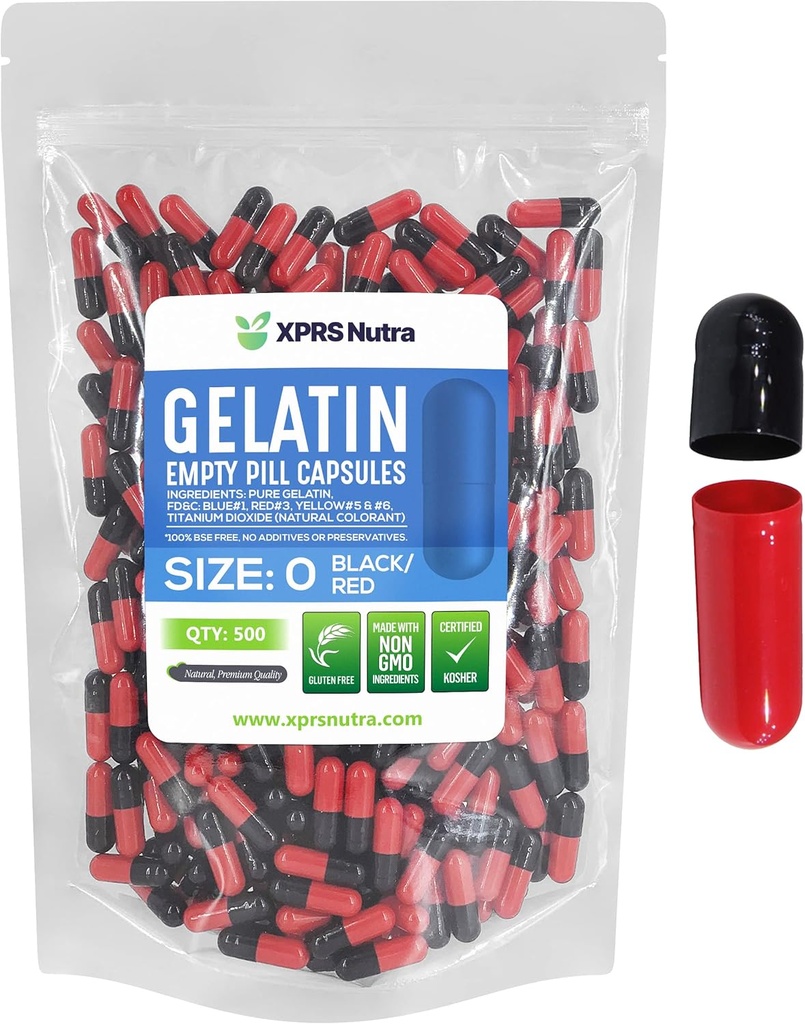 XPRS Nutra Maat 0 Lege capsules - 500 Telle Lege Gelatine Capsules - Pillen DIY Capsule Vulling - Pure Bovine Pill Gel Caps for Do-It-Yourself Supplements (Zwart/Rood)