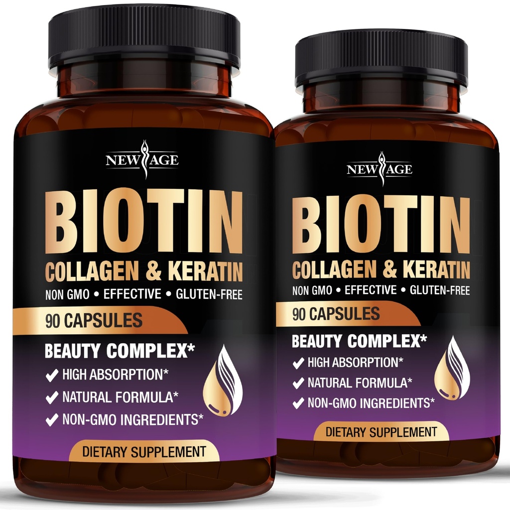 NIEUW AGE Biotin Collageen Keratine Hyaluronzuur - 50.000mcg Haargroei Vitaminen voor mannen en vrouwen, Nagels, Haar, Huid Vitaminen en DHT Blocker met Vitamine E Foliumzuur Pompoen Zaad MSM- 180 Tel.