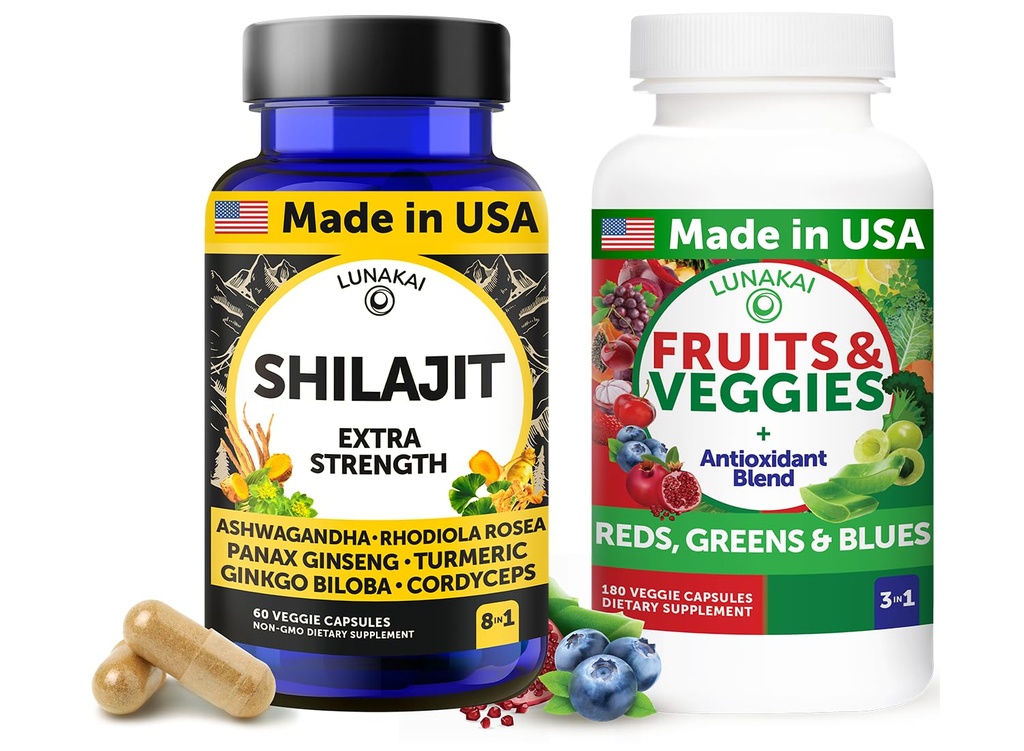 Lunakai USA Made Shilajit & Superfood Fruit & Veggies Supplement Bundle with Ashwagandha, Rhodiola, Cordyceps & 4 Blends for Energy & Wellness
