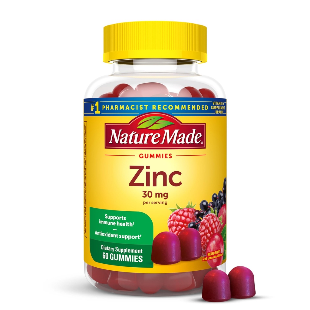 Nature Made Zink Supplementen 30 mg per portie, Dieetsupplement voor Immune Health and Antioxidant Support, 60 Zink Gummies, 30 dagen levering