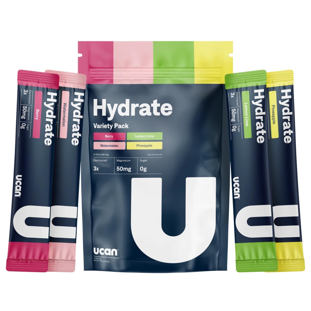 UCAN Hydrate Electrolyte Drink Mix (Variety Pack, 12 Stickpacks) Sugar-Free, Keto-Friendly, Vegan, Non-GMO, Gluten-Free Electrolyte Powder met Kalium & Magnesium voor Runners & Atleten
