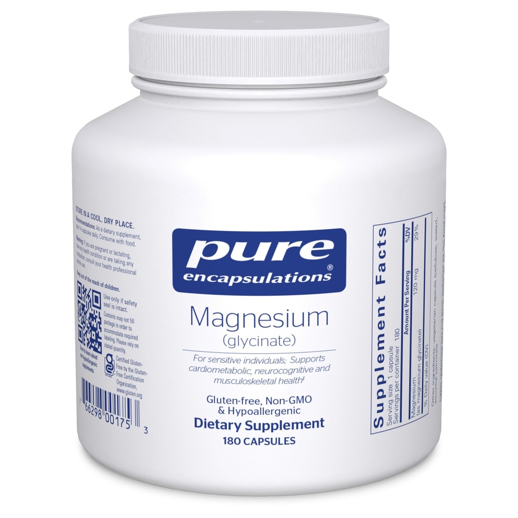 Pure Encapsulations Magnesium (Glycinate) - Supplement ter ondersteuning van stressverlichting, slaap, hartgezondheid, zenuwen, spieren en stofwisseling* - met Magnesium Glycinate - 180 capsules