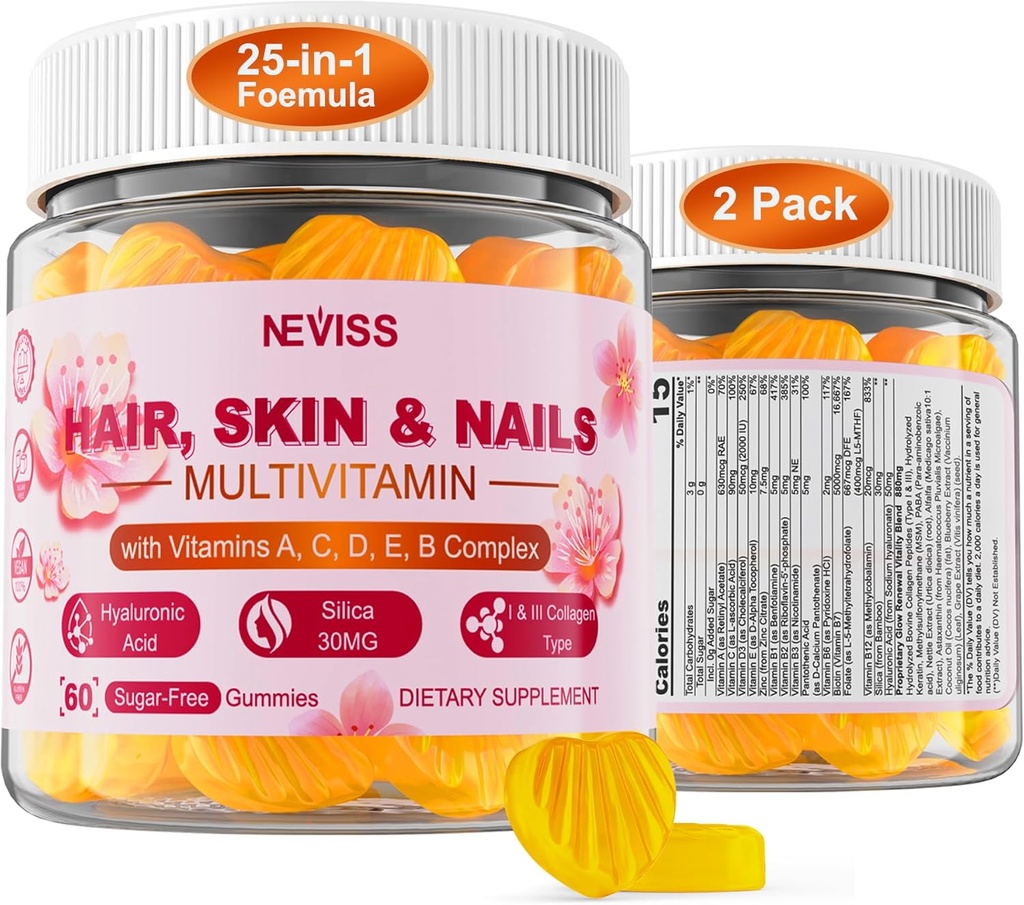 Multivitamine sans sucre pour les femmes Gommies avec Biotine 5000mcg, Collagène MSM Acide hyaluronique, Complexe Vitamine A C D3 E & B et Méthyl Folate & B12, Multivitamines organiques pour les ongles de peau de cheveux, énergie