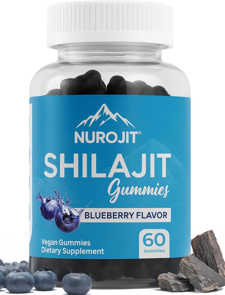 Shilajit Gummies, Blueberry Flavor, Himalaya Extract, Lab Getest, Non-GMO, Glutenvrij, Veganistisch Vriendelijk, Mess-Free alternatief voor Resin, Eenvoudige toevoeging aan dagelijkse Routine, 60 Veganistische Gummies