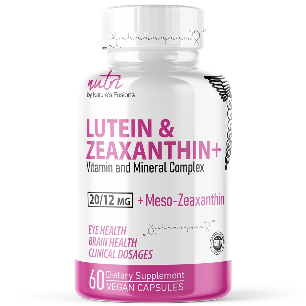 Nature's Fusions Nutri Lutein 20mg Complexe Vitamines oculaires - Formule triple caroténoïde - Lutéine et Zeaxanthin - Contient Zinc, Vitamines A,C,D3,E, Folate - 60 Capsules - Suppléments santé oculaire