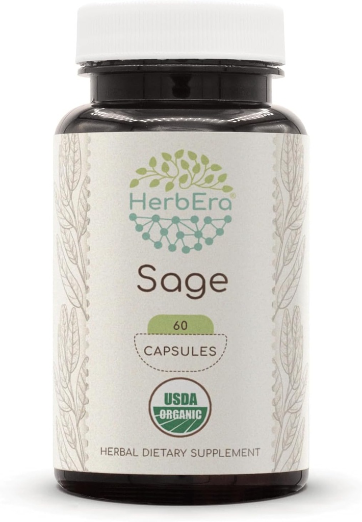 HerbEra Sage 60 capsules, 500 mg, USDA Biologische Salie (Salvia officinalis) Gedroogd blad (60 capsules)