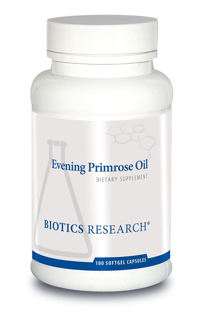 Recherche en biotique Huile de Primrose Potent Gamma Acide linolénique Source GLA, acide linoléique, réponse corporelle saine et équilibrée, cardiovasculaire, neurologique, peau, santé des femmes. 100 softgels