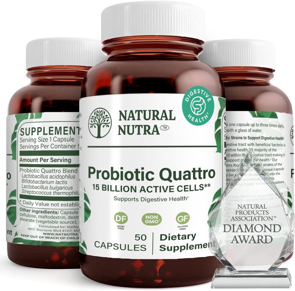 Natural Nutra Probiotic Quattro – Supplément probiotique avancé avec 4 souches puissantes incluant Lactobacillus Acidophilus, Bifidus – soutient la santé digestive et immunitaire – 50 capsules végétariennes