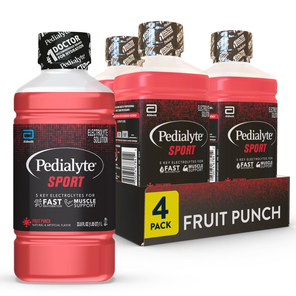 Pedialyte Sport Electrolyte Drink, snelle hydratatie met 5 belangrijke elektrolyten voor spierondersteuning voor, tijdens, & Na de oefening, Fruit Punch, 1 Liter, Pack van 4