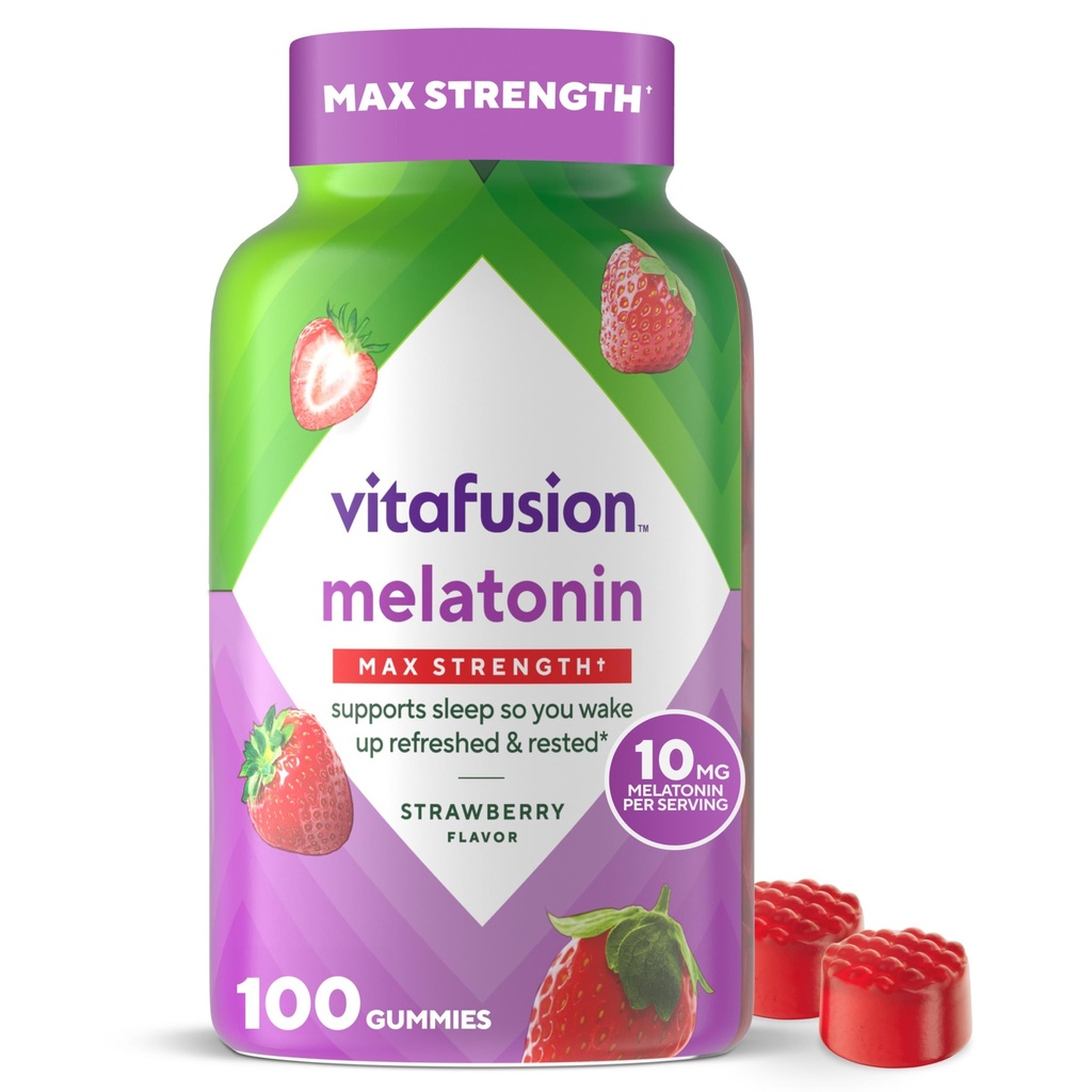 vitafusion Max Strength 10 mg Melatonine Gummies, Aardbei Smaak, Volwassen Melatonine Gummy Vitamine Supplement, 100 Telling, 50 Dagen Levering