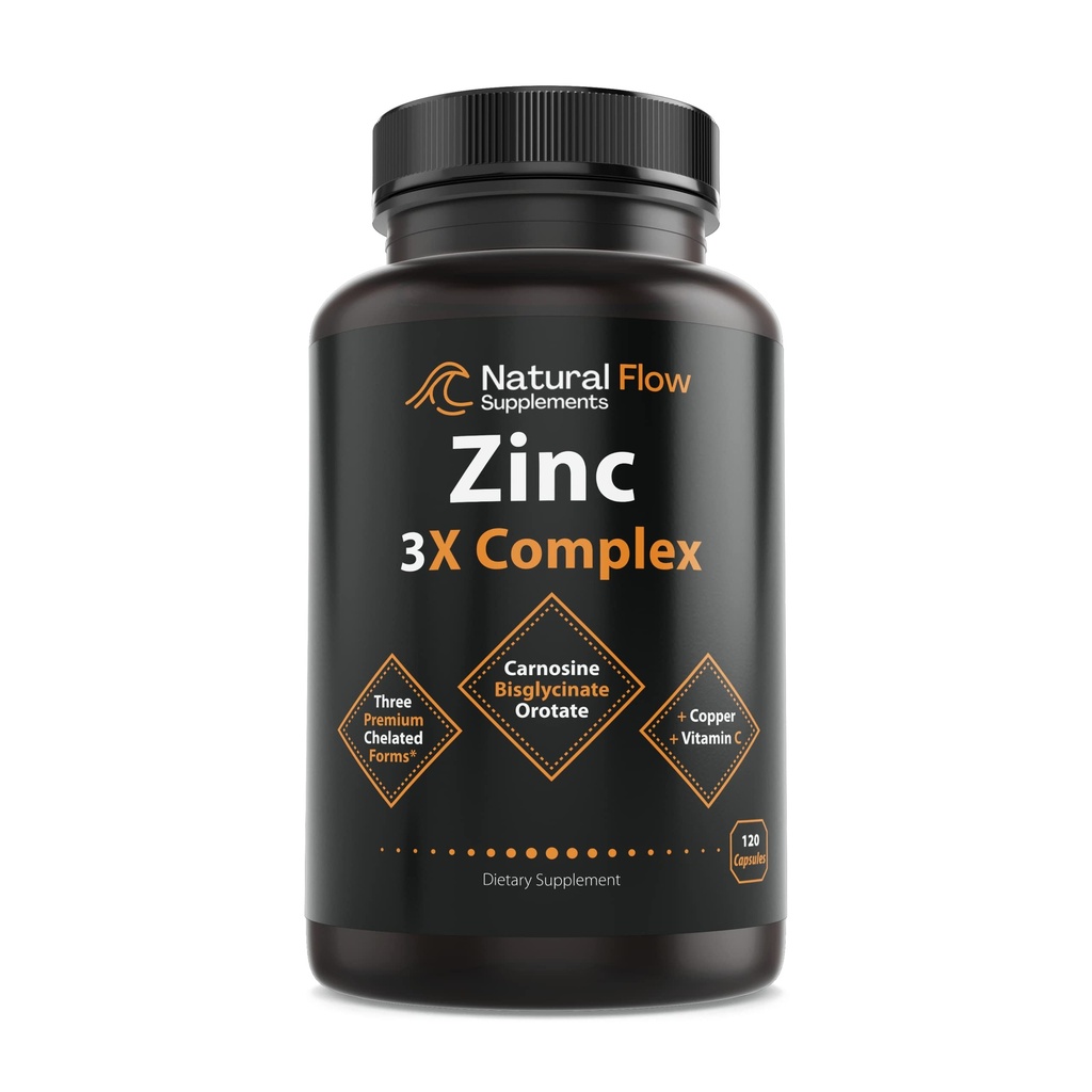 Complexe de supplément de zinc avec du cuivre et de la vitamine C - Débit naturel de la carnosine de zinc 3X, du chélate de bisglycinate et de l'orotate, du cuivre chélaté, facile sur l'estomac, la peau et le support immunitaire, 120 capsules
