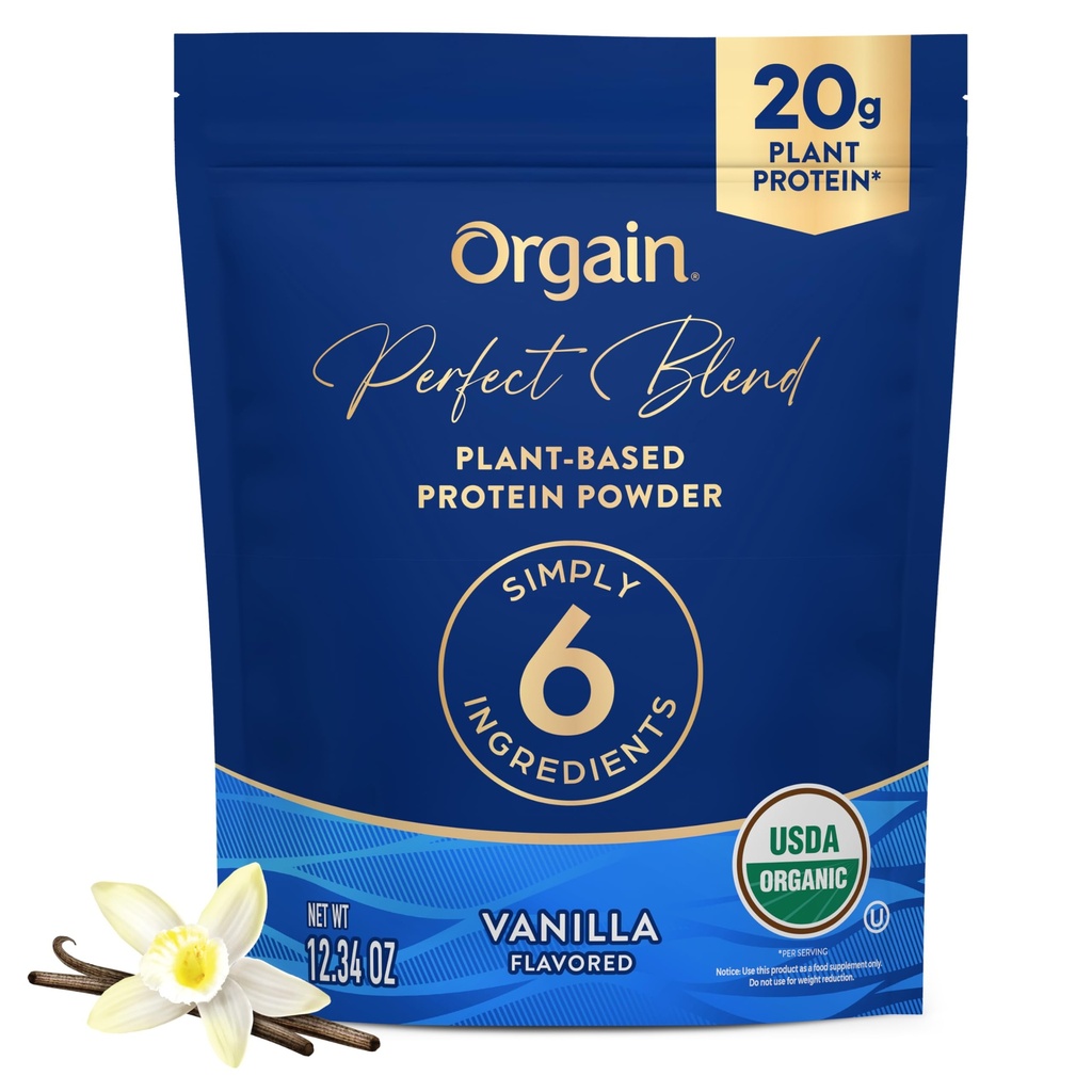 Orgain Organic Vegan Perfect Blend Protein Powder, 20g Clean Plant Protein, 6 Ingrediënten, < 1g Suiker, Glutenvrij, Non-GMO; Geen kunstmatige smaken, Stevia Extract, Zuivel of soja Ingrediënten- Vanille