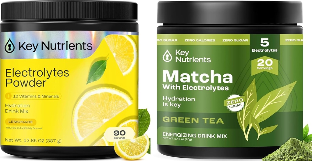 KEY NUTRIËNTEN Deal Bundle - Lemonade Electrolytes Powder (90 Servings) + Matcha Powder with Electrolytes for Hydration and Energy (20 Servings)