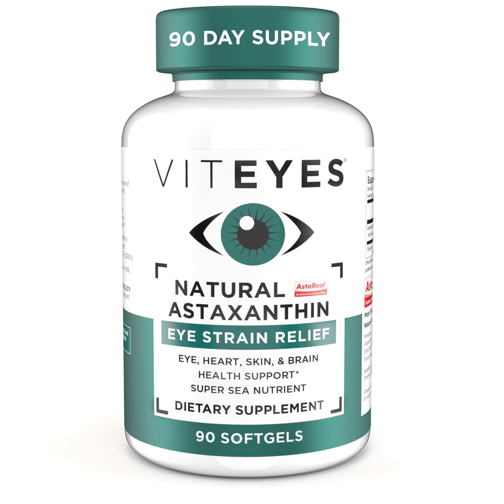 Viteyes Natural Astaxanthine, Relieve Tired Eyes & Eye Strain, afkomstig van algen, huidhydratatie, hart en hersenen gezondheid, 4 tot 8 mg natuurlijke astaxanthine, 90 Softgels