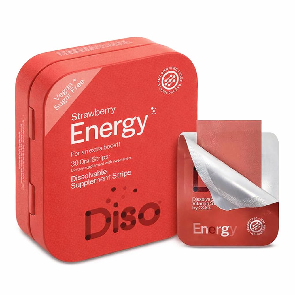 DISO - Energie - snel oplossen van cafeïnestrippen met vitamines, aardbeiensmaak, veganistisch, suikervrij, hoge absorptie, glutenvrij, individueel verpakt, 30 oplosbare strips