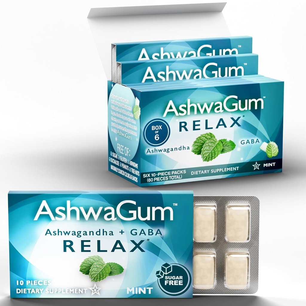 AshwaGum RELAX Gum door BetterGum, High Potency Supplement met KSM 66 Ashwagandha en Gaba, Ondersteunt stress en angstverlichting, Cortisol Ondersteuning, Alternatief voor Gummies, Sugar-Free, 10 stuks - 6 Pack