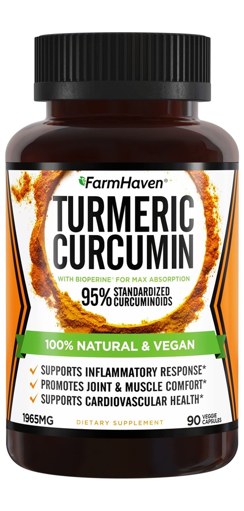 Kurkuma Curcumine met BioPerine Black Pepper & 95% Curcuminoïden, 1965mg, Maximale Absorptie voor Gezamenlijke Ondersteuning, Niet-GMO Kurkuma Capsules, Made in USA - 90 Veg Caps