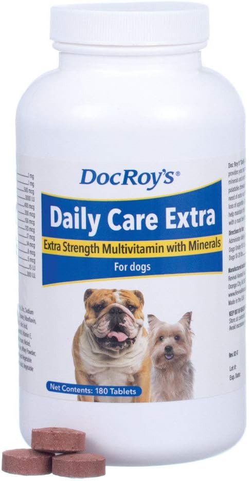 Doc Roy's dagelijkse zorg Extra, Geavanceerde Multivitamine voor honden, Ondersteunt Energie, Immune, Spier, Bot en Hersengezondheid, Biedt Vitaminen A C D3 E B Complex, IJzer Zink Magnesium Jodium, Made in USA 180 ct