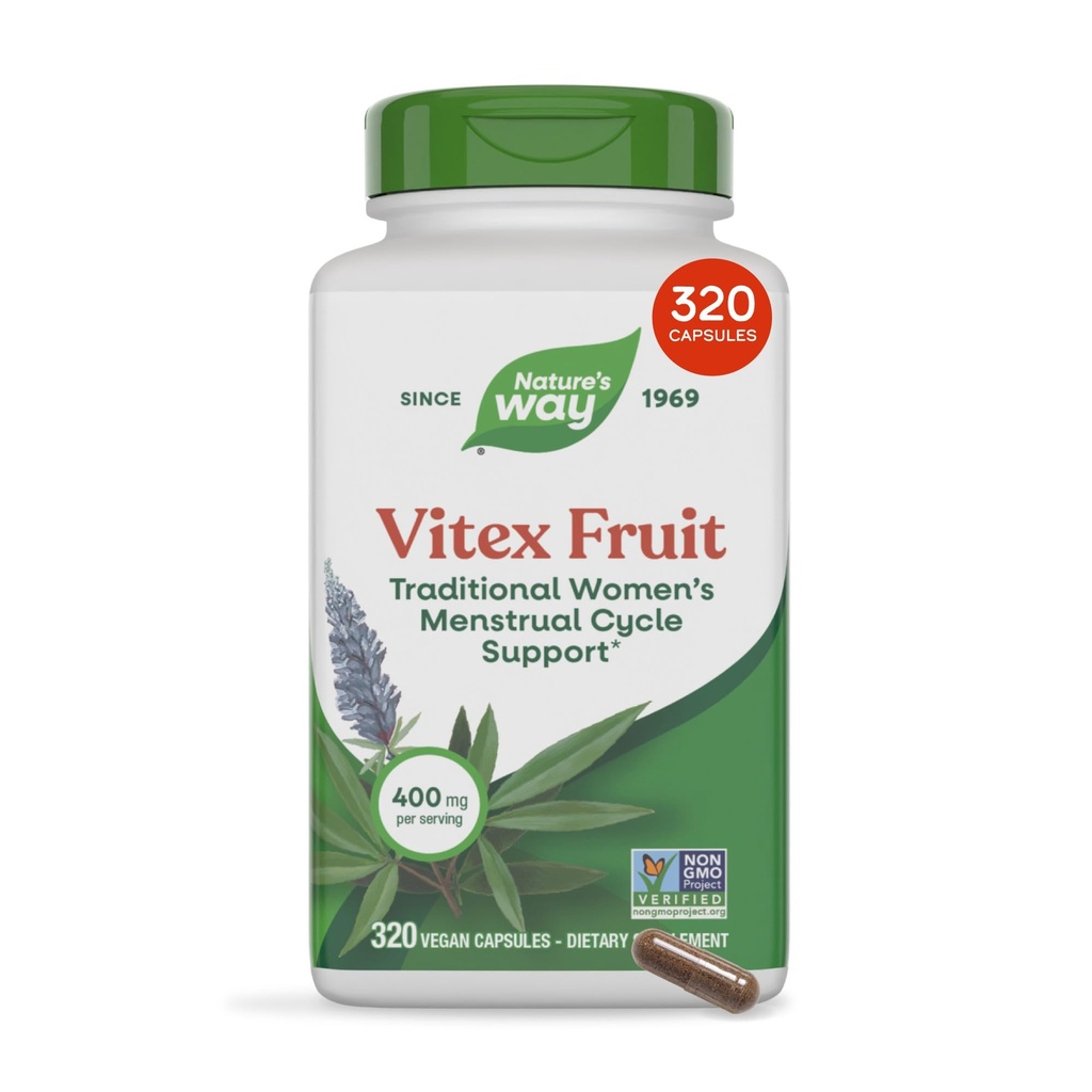 Nature's Way Vitex Fruit, Traditional Menstrual Cycle Support*, Traditional Women's Health Support*, Chasteberry, Vegan, 320 Capsules (Verpakking mei Vary)