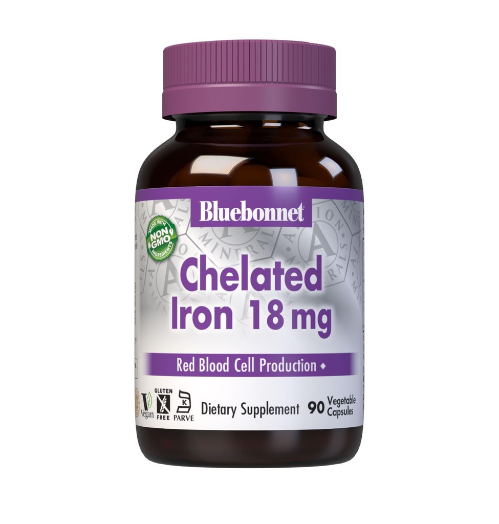 Bluebonnet Nutrition Chelated Iron 18 mg - niet-contiperend ijzer - Sojavrij, Glutenvrij, Niet-GMO, Kosher Gecertificeerd, Dairy-Free, Vegan - 90 plantaardige capsules, 90 porties