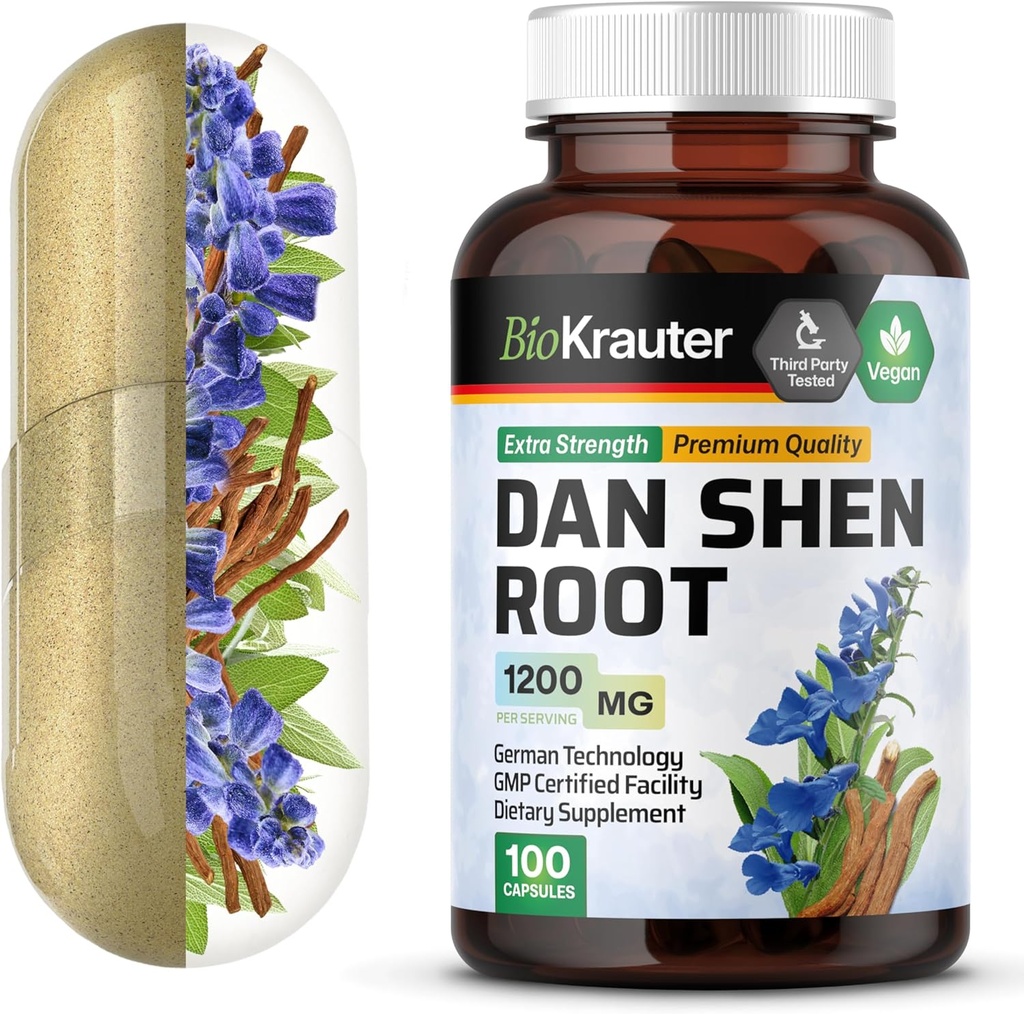 BIO KRAUTER Dan Shen Root Capsules - 1200 mg Sterkte - 100 Red Sage Caps - Antioxidant Source - Salvia Miltiorrhiza Root - Vegan