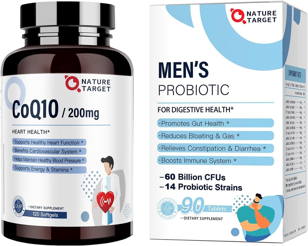 NATURE TARGET Probiotiques pour les hommes 60 milliards CFUs14 Strains & CoQ10 200mg Softgels avec PQQ Antioxydant pour la santé cardiaque et la production d'énergie