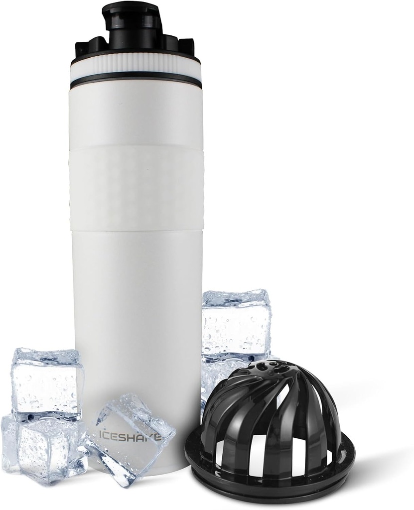 Ice Shaker Insulated Stainless Steel Shaker Bottle | 20 oz, White | Cold for 24+ Hours | Insulated Cup with Twist-on Agitator | Odor-Free Bottle for Protein Shakes, Water, Smoothies, Cocktails