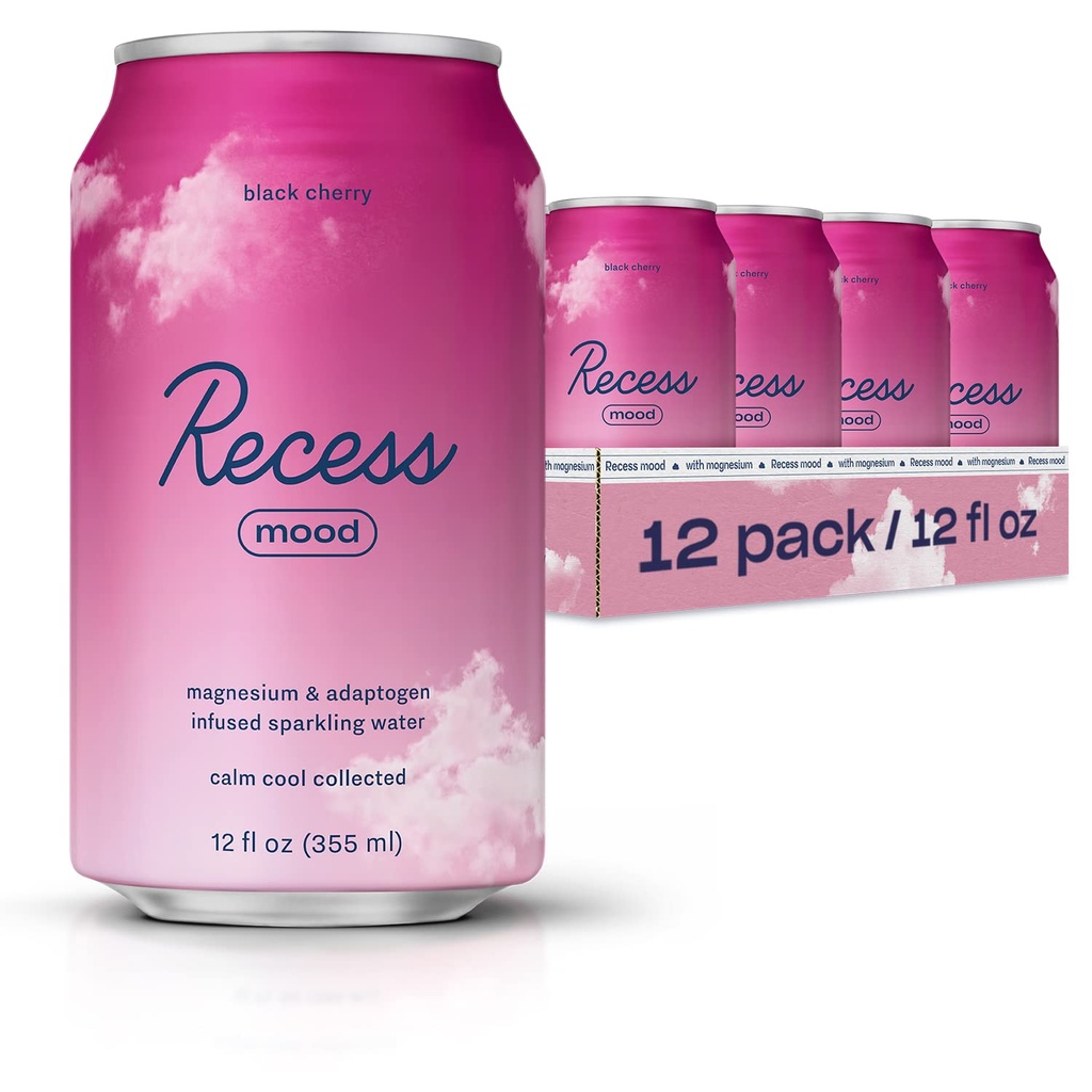 Recess Mood Magnesium & Adaptogen Drink, Relaxatie Drank, 12 ounce (zwarte kersen, 12 pack)