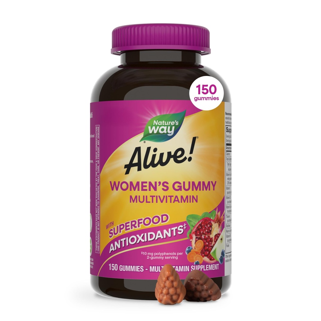 Nature's Way Alive! Dagelijkse Gummy Multivitaminen, 16 Vitaminen & Mineraal, Energie Metabolisme*, Haarhuid & Nagels*, Vegetarisch, Gemengde Berry Smaak, 150 Gummies (Verpakking mei Vary)