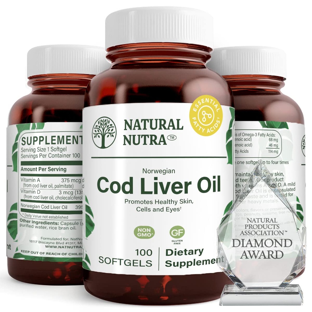 Supplément naturel Nutra Norwegian Cod foie huile, aide à maintenir la peau, aide à maintenir la densité corporelle, la santé des yeux et la fonction nerveuse, favorise la santé dentaire, soutient la santé cardiovasculaire, 100 Softgels
