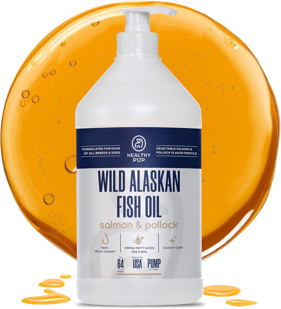 Wild Alaska Salmon Oil for Dogs with Pollock - 64 oz van Pollock en Salmon Oil, Omega 3, EPA, en DHA - Dogs Skin and Coat Supplement - Made in USA