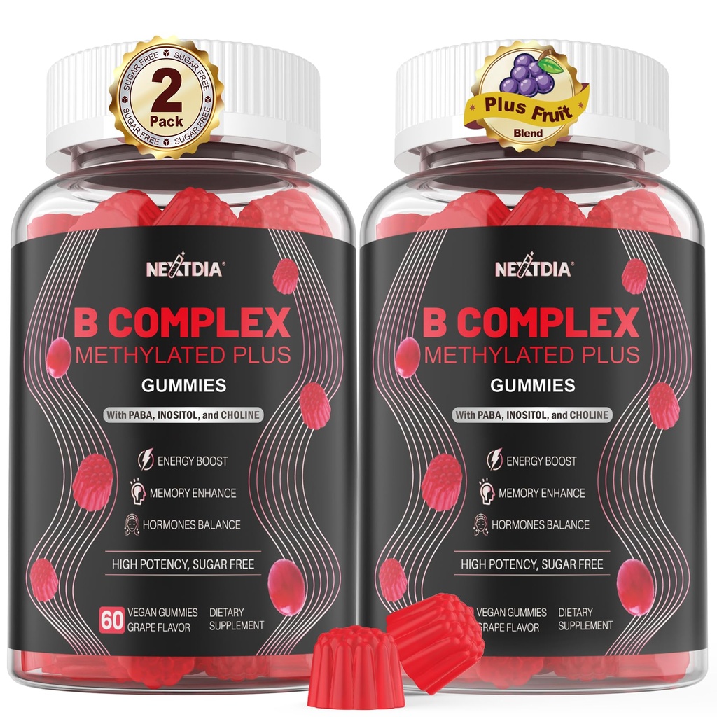Hersen & Mood Support Gummies, Super Vitamine B Complex for Men & Women, All B Vitamine B1 B2 B3 B5 B6 B7 Folate MethyB12 met PABA, Inositol, Choline, ondersteunt MTHFR Gene & Energy, Vegan, 120Ct